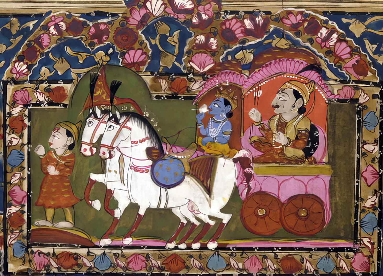 Krishna_Arjuna_chariot_Mahabharata_18th-19th_century Depiction of Krishna and Arjuna riding a chariot from Mahabharata